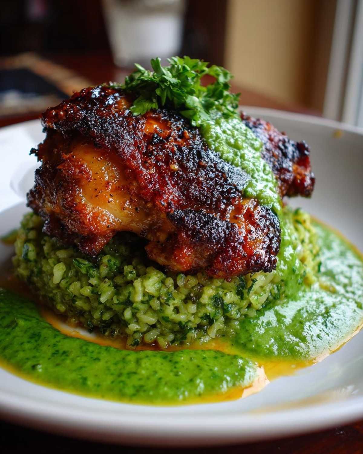 A piece of crispy, dark-skinned Peruvian Chicken resting on a mound of bright green rice, generously covered in green sauce.