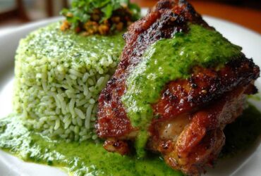 Close-up of crispy Peruvian Chicken and Rice with Green Sauce, featuring a piece of chicken topped with bright green sauce.