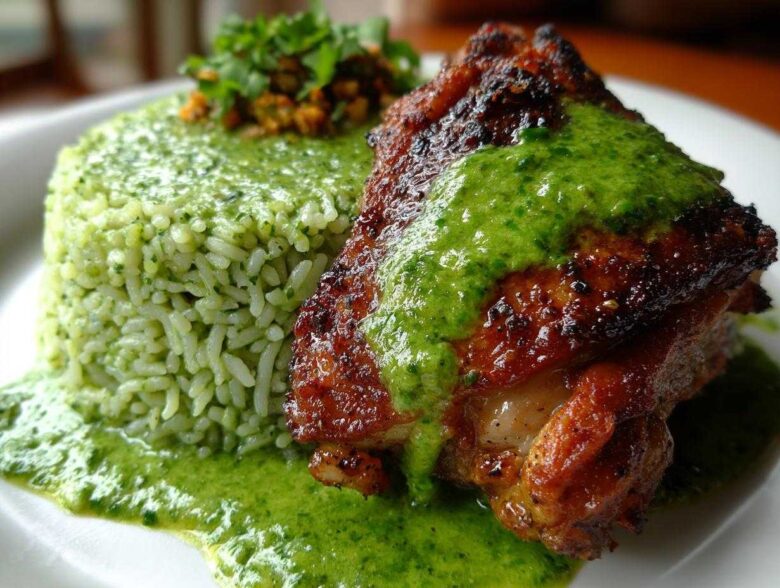 Close-up of crispy Peruvian Chicken and Rice with Green Sauce, featuring a piece of chicken topped with bright green sauce.