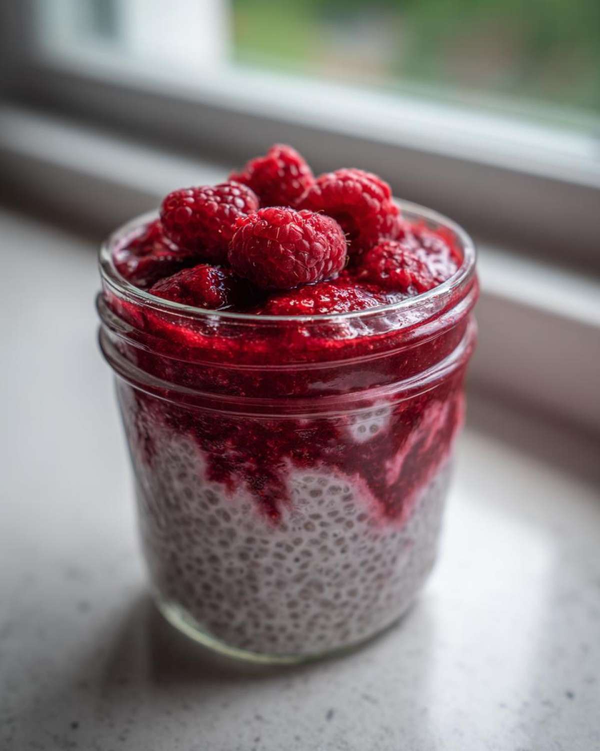 A glass jar filled with layered Raspberry Chia Seed Pudding, topped with fresh raspberries.