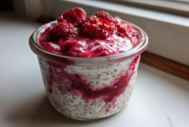 Close-up of Raspberry Chia Seed Pudding layered with creamy white base and bright red raspberry swirl, topped with fresh raspberries.