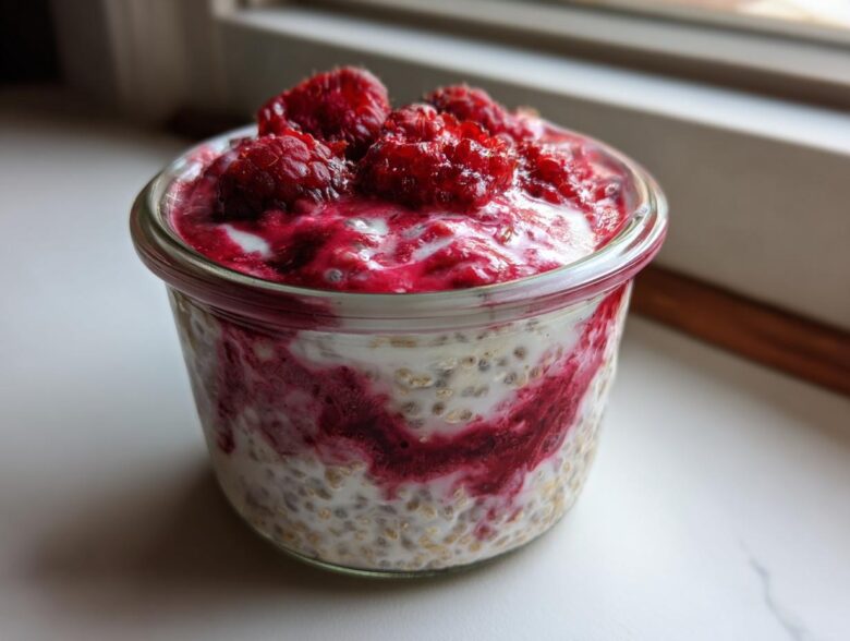 Close-up of Raspberry Chia Seed Pudding layered with creamy white base and bright red raspberry swirl, topped with fresh raspberries.