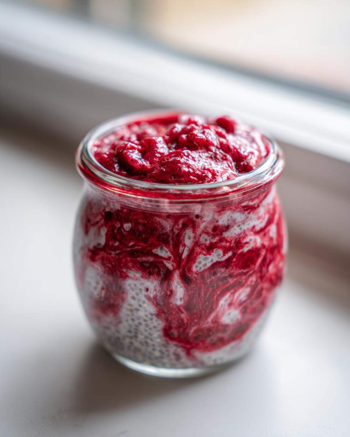 Close-up of Raspberry Chia Seed Pudding layered with bright red raspberry puree in a small glass jar.