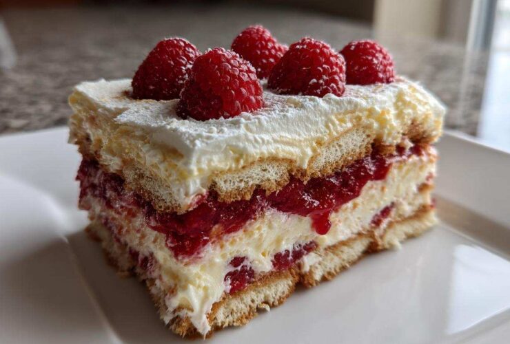 A layered slice of Raspberry Tiramisu featuring ladyfingers, cream, and bright red raspberry filling, topped with whole raspberries.