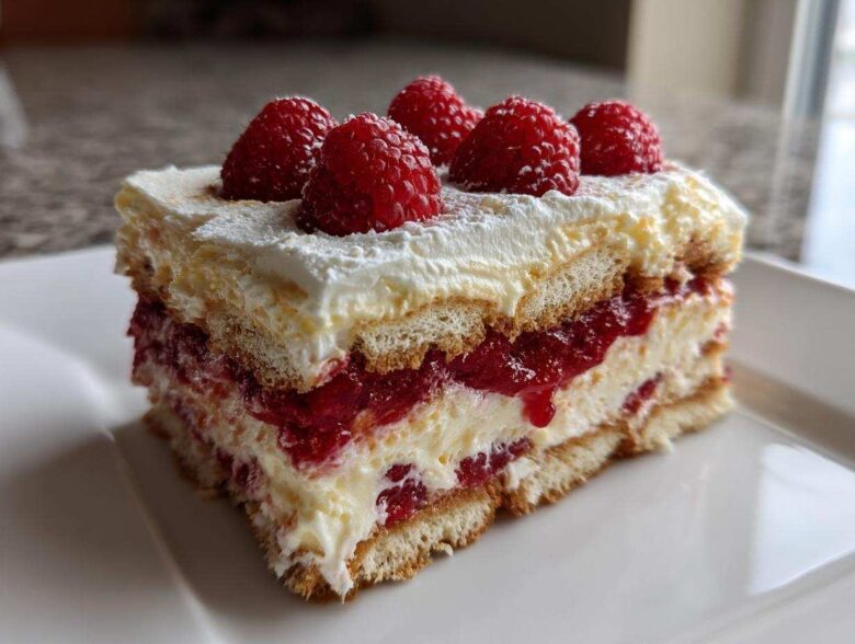 A layered slice of Raspberry Tiramisu featuring ladyfingers, cream, and bright red raspberry filling, topped with whole raspberries.