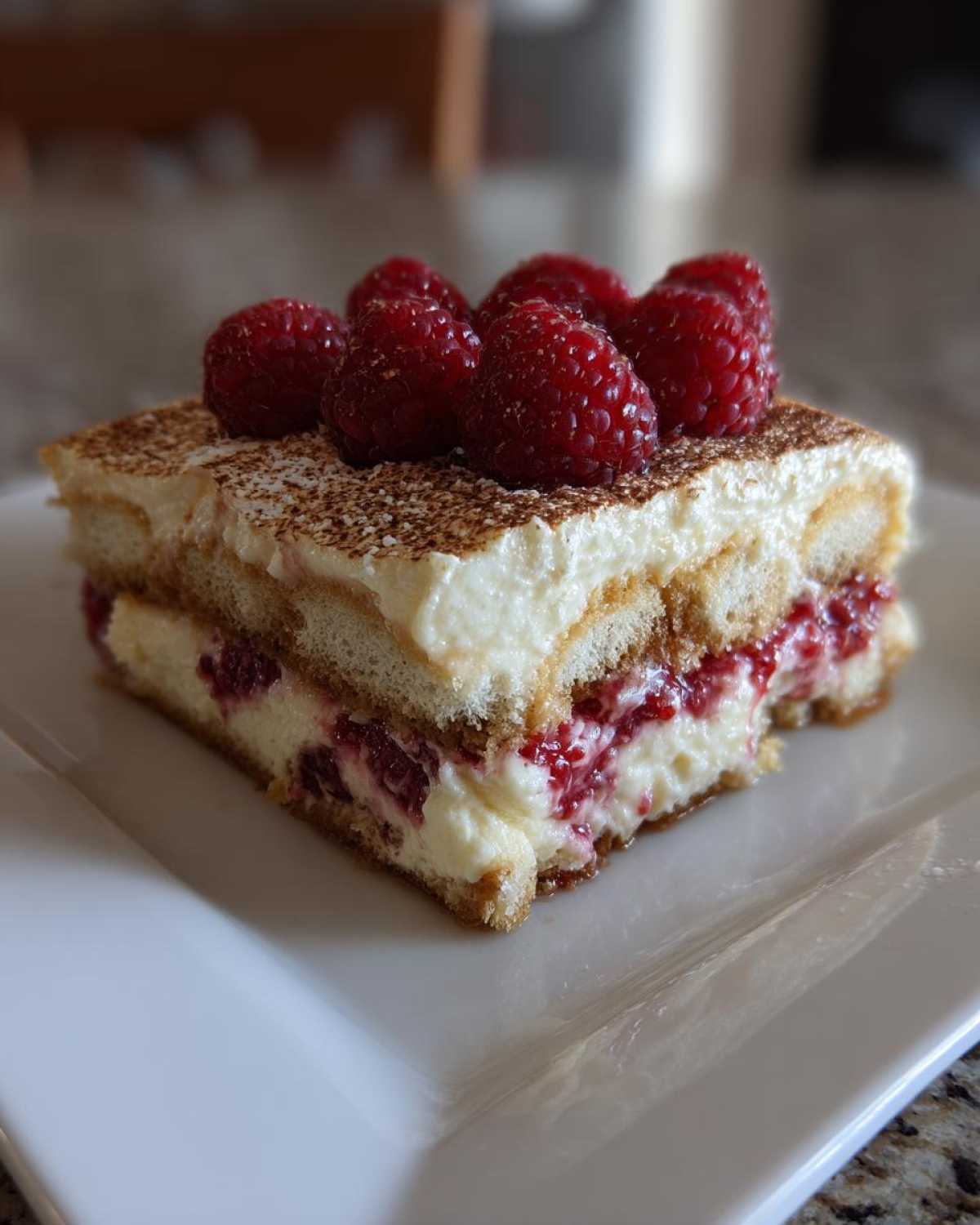 A decadent slice of Raspberry Tiramisu featuring layers of cream, soaked ladyfingers, and fresh raspberries on top.