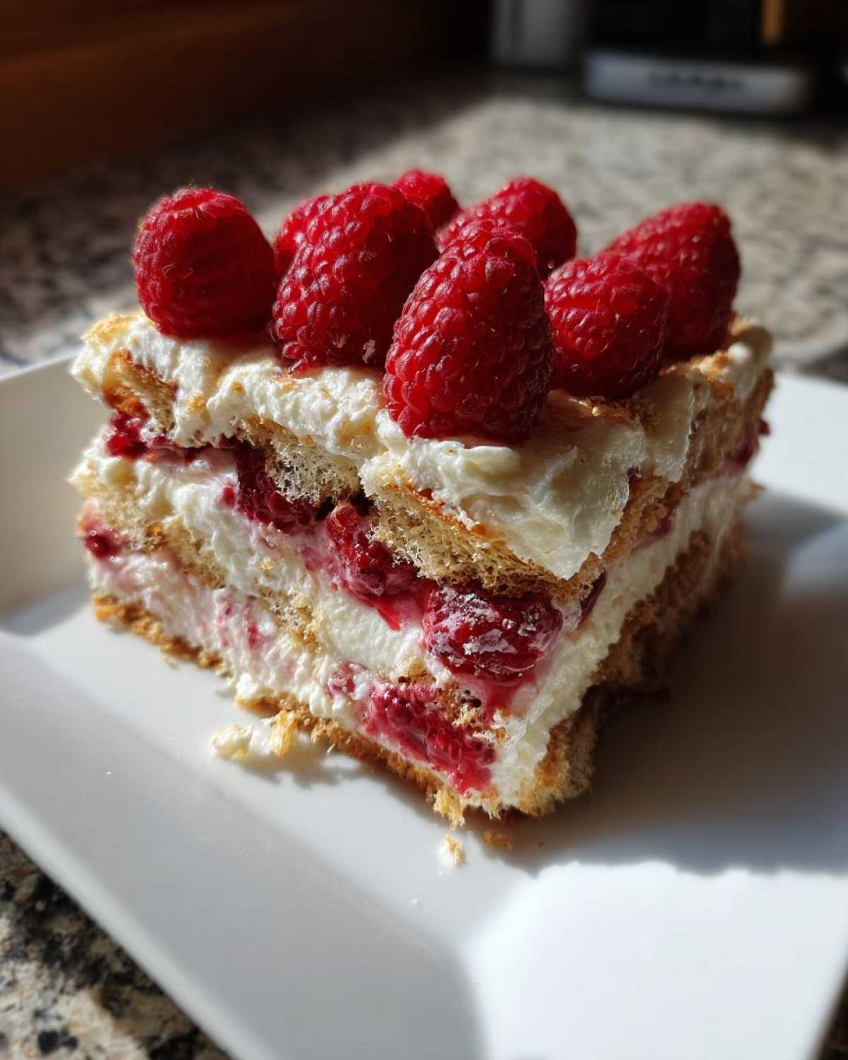 A perfect slice of layered Raspberry Tiramisu featuring cream, soaked ladyfingers, and fresh raspberries on top.
