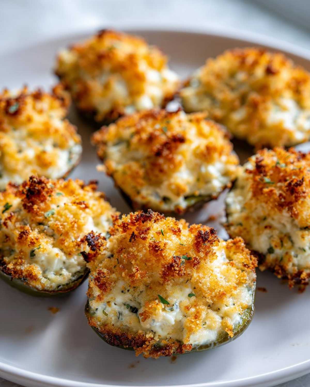 Close-up of baked Rattlesnake Bites stuffed with creamy filling and topped with crispy golden breadcrumbs.