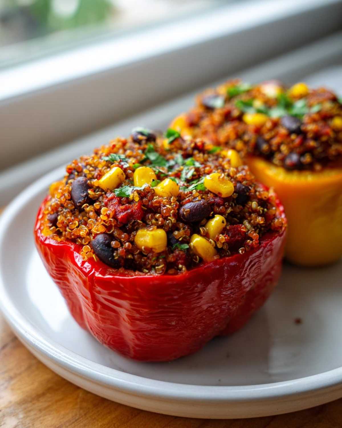 Close-up of a bright red Vegetarian Stuffed Bell Peppers Dinner, overflowing with quinoa, black beans, and corn.