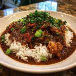 A close-up of a bowl of savory Chicken Étouffée served over fluffy white rice, topped with fresh parsley and green onions.