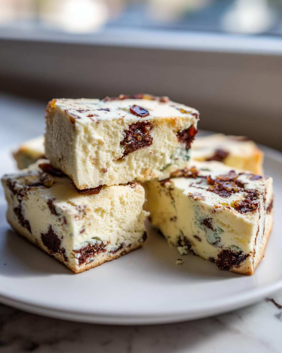 Four thick, creamy squares of Amazing Ricotta Cannoli Squares stacked on a white plate, showing chocolate chips inside.