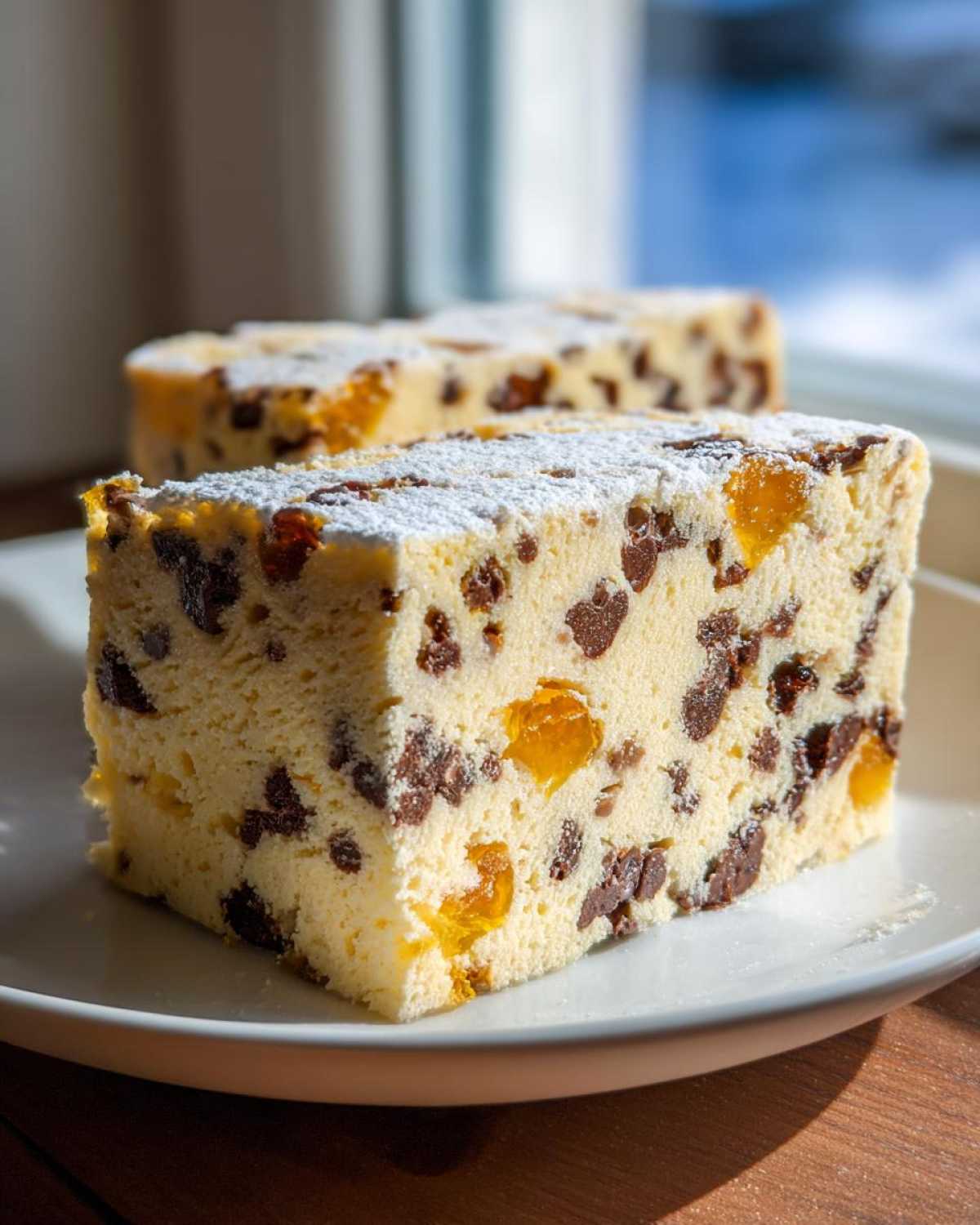 A close-up of a dense slice of Ricotta Cannoli Squares, studded with chocolate chips and candied orange peel, dusted with powdered sugar.