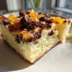 Close-up of a thick slice of Ricotta Cannoli Squares with a creamy filling, topped with dark chocolate chunks and candied orange peel.