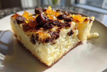 Close-up of a thick slice of Ricotta Cannoli Squares with a creamy filling, topped with dark chocolate chunks and candied orange peel.