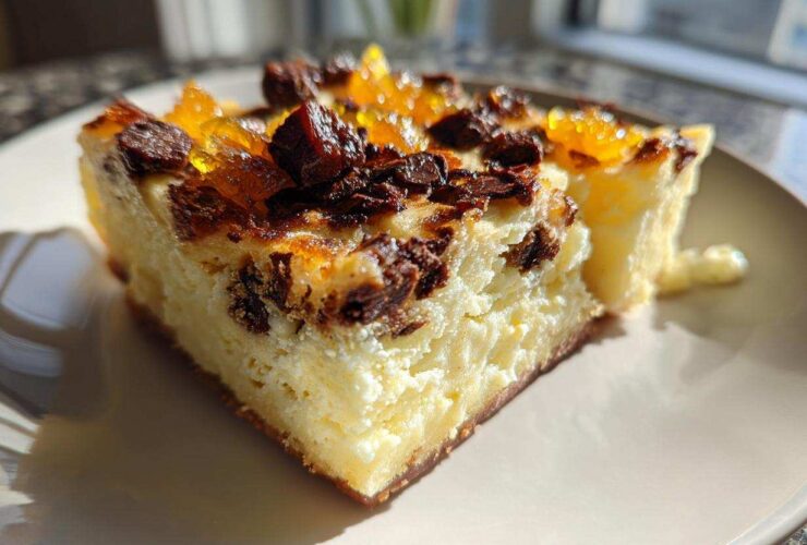 Close-up of a thick slice of Ricotta Cannoli Squares with a creamy filling, topped with dark chocolate chunks and candied orange peel.