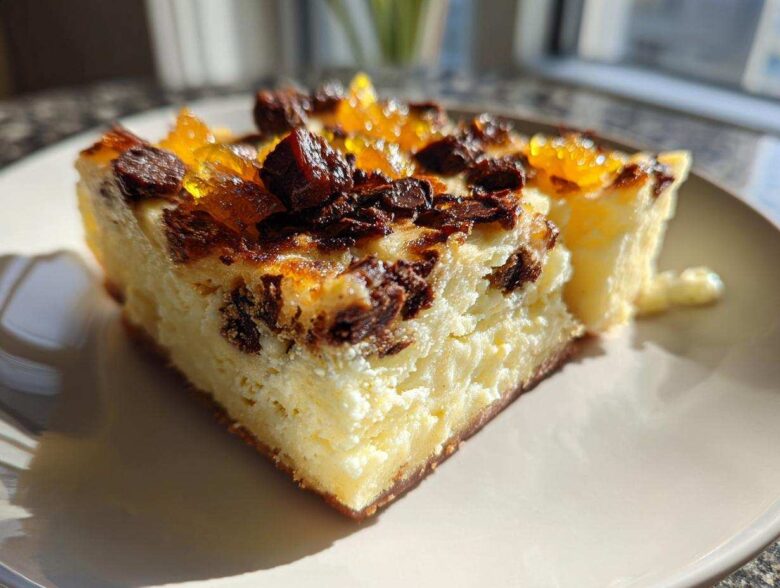 Close-up of a thick slice of Ricotta Cannoli Squares with a creamy filling, topped with dark chocolate chunks and candied orange peel.