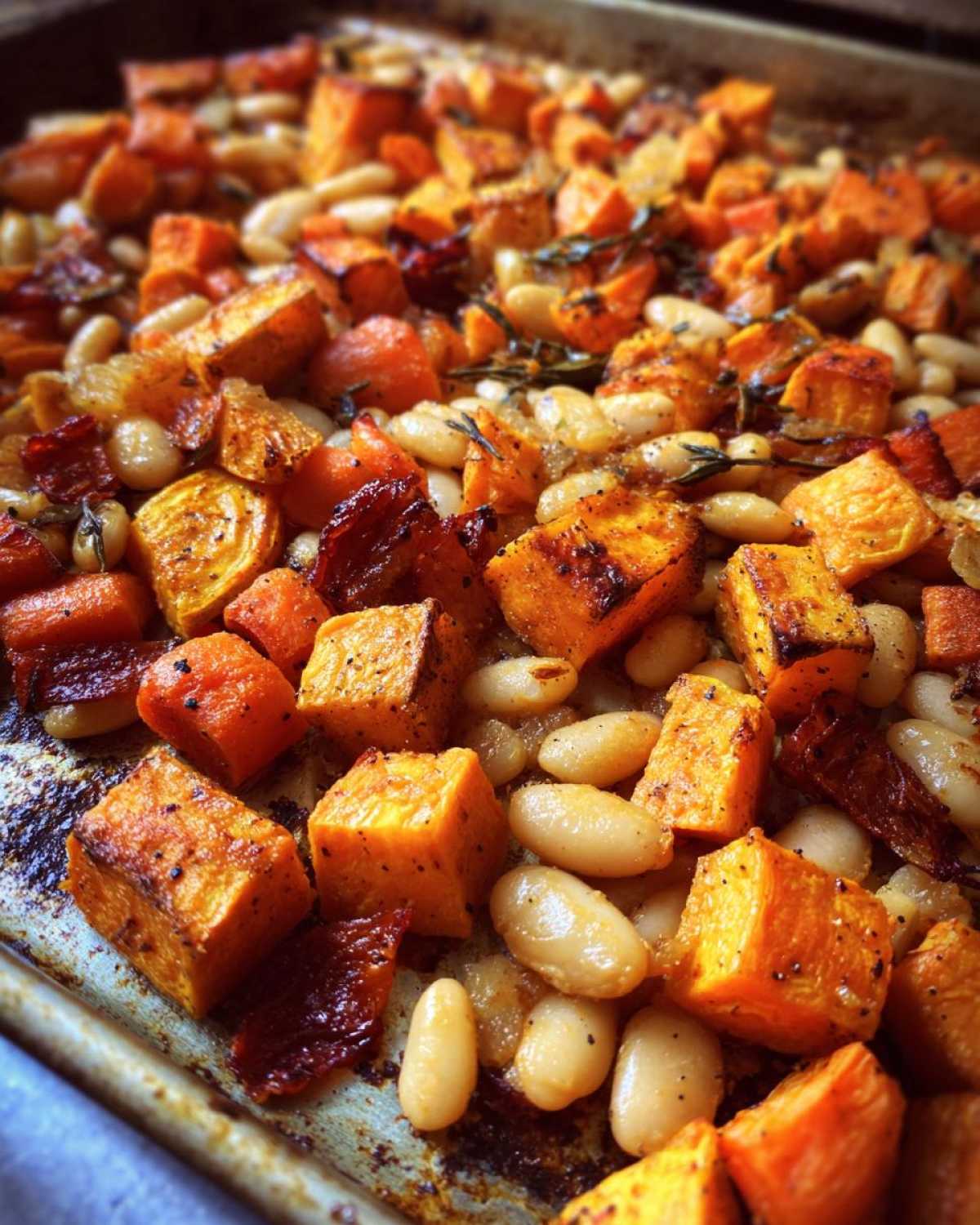 Close-up of roasted orange sweet potato cubes mixed with white cannellini beans and herbs for a Rustic Roasted Vegetable Bake.