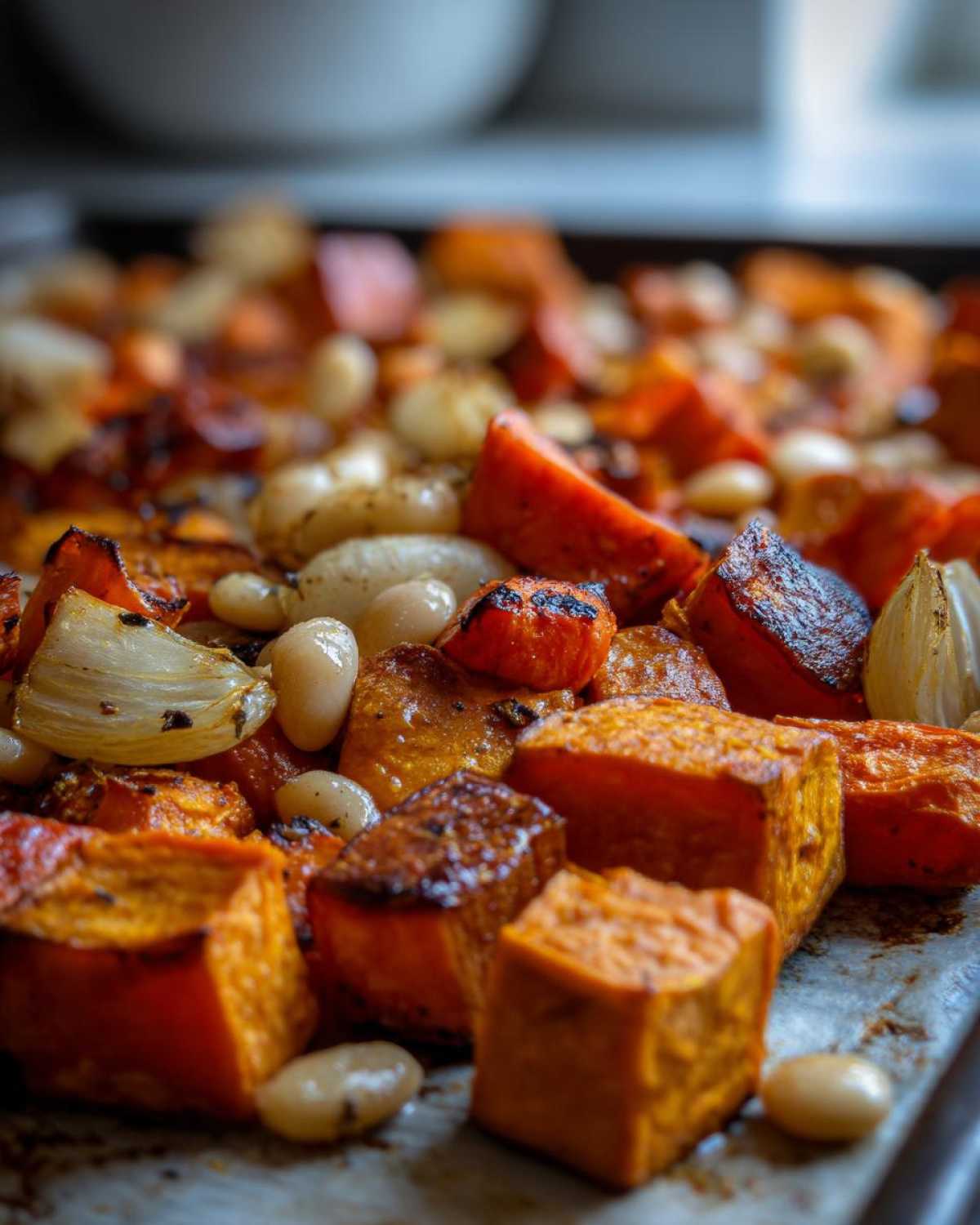 Close-up of roasted sweet potatoes, onions, and cannellini beans from the Rustic Roasted Vegetable Bake.