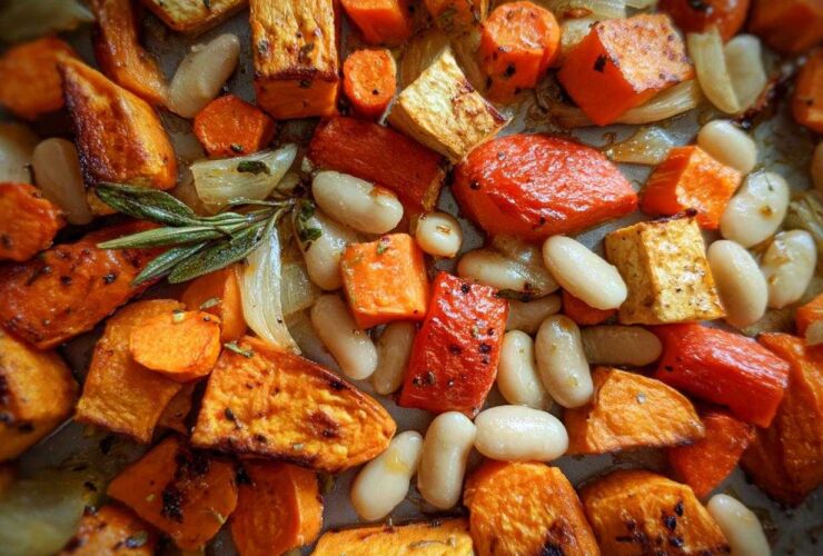 Close-up of roasted sweet potatoes, cannellini beans, onions, and rosemary for the Rustic Roasted Vegetable Bake.
