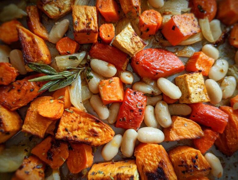 Close-up of roasted sweet potatoes, cannellini beans, onions, and rosemary for the Rustic Roasted Vegetable Bake.