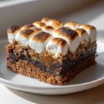 A single square of S’mores Brookies with a graham cracker base, chocolate layer, and toasted marshmallows on top.