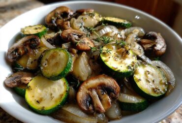 A close-up of Sauteed Zucchini Mushrooms And Onions seasoned with herbs in a white bowl.