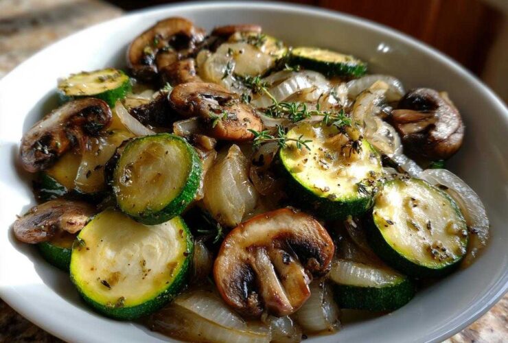 A close-up of Sauteed Zucchini Mushrooms And Onions seasoned with herbs in a white bowl.