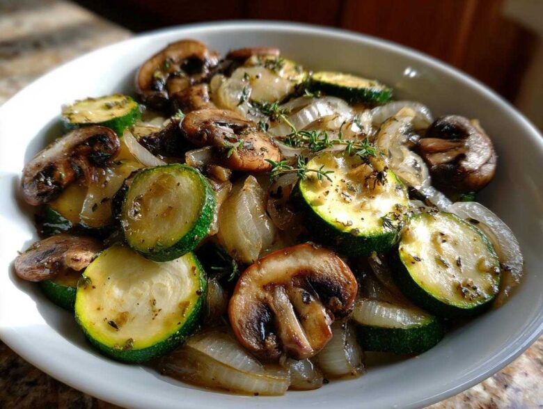 A close-up of Sauteed Zucchini Mushrooms And Onions seasoned with herbs in a white bowl.