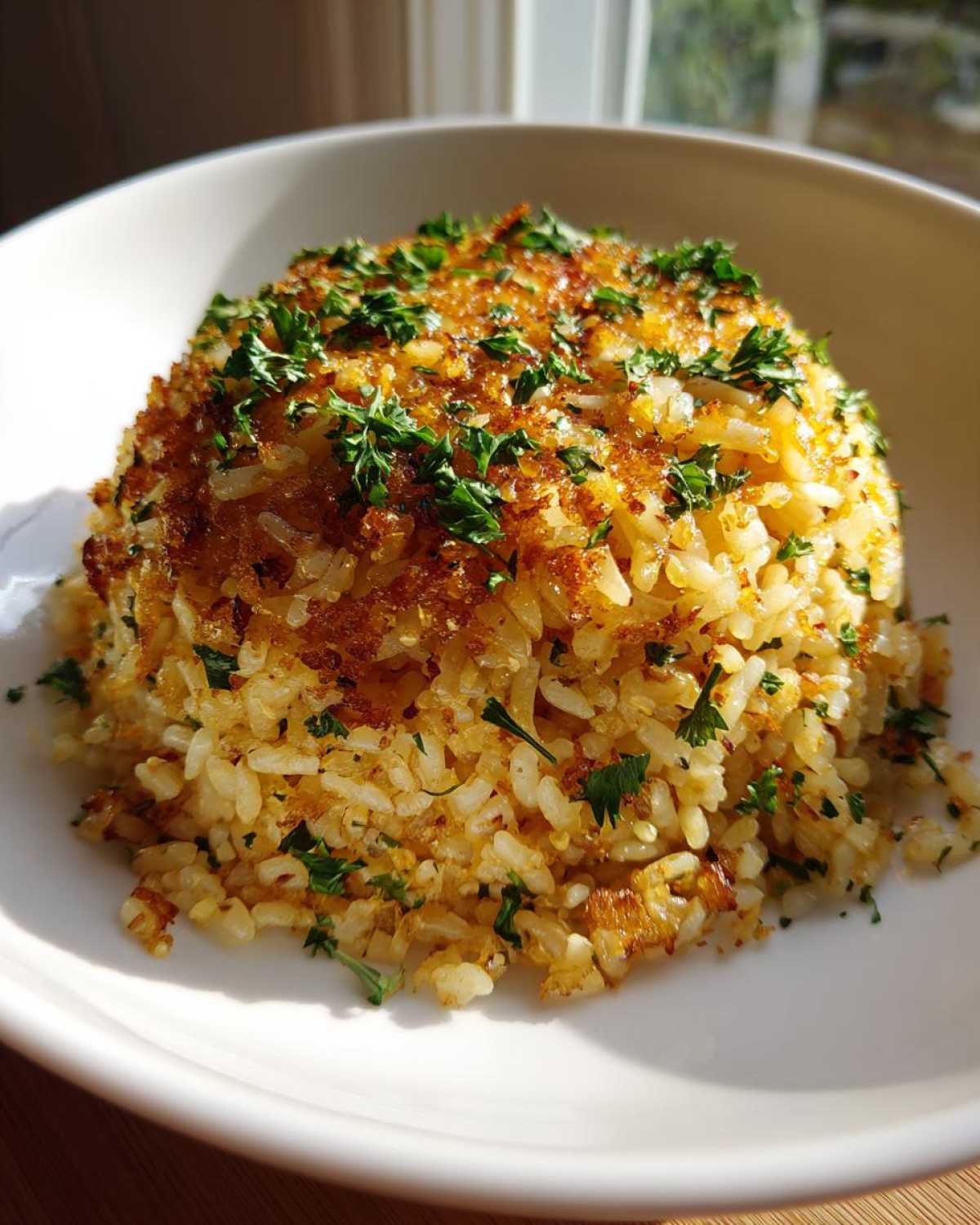 A mound of golden Savory Garlic Butter Crispy Rice topped with fresh chopped parsley in a white bowl.