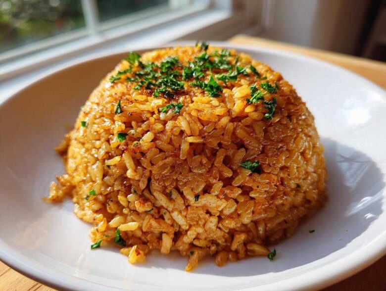 A perfectly molded mound of Savory Garlic Butter Crispy Rice, golden brown and topped with fresh chopped parsley, served on a white plate.