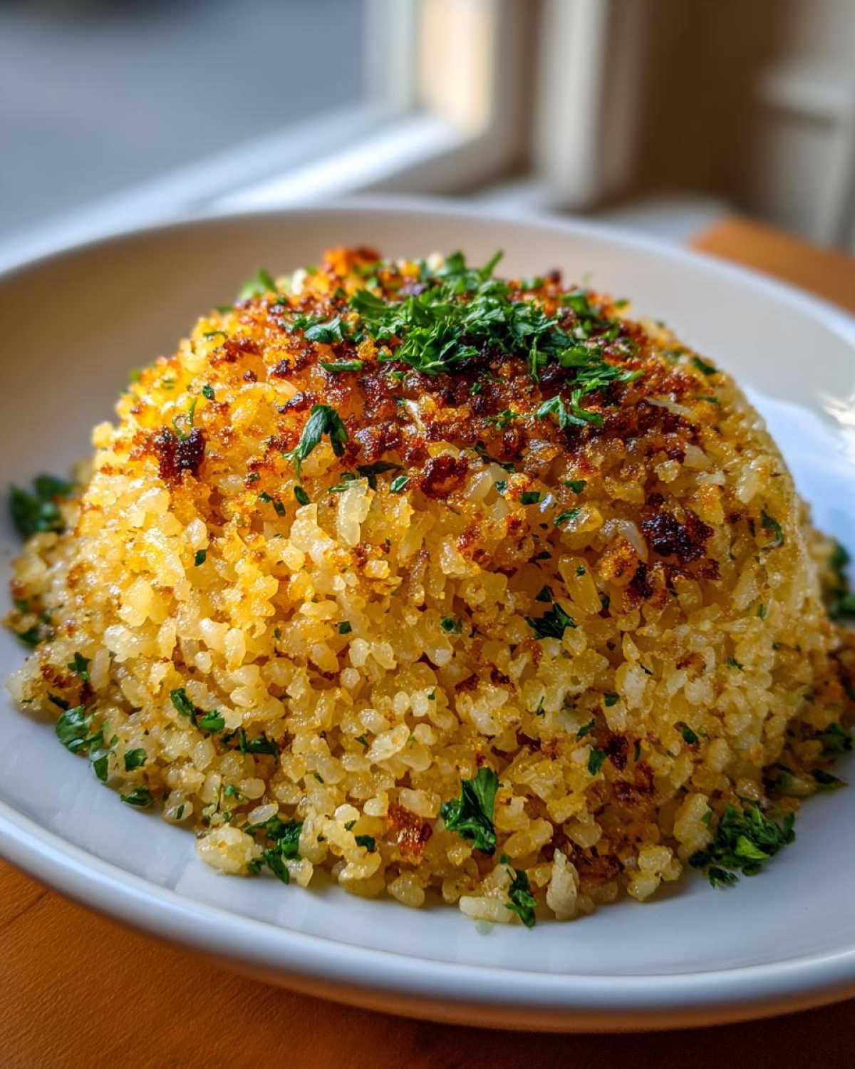 A perfectly seared mound of Savory Garlic Butter Crispy Rice topped with fresh parsley.