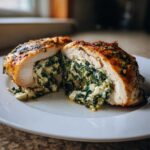 Close-up of Savory Spinach and Feta Stuffed Chicken Breast cut in half, showing the creamy filling.