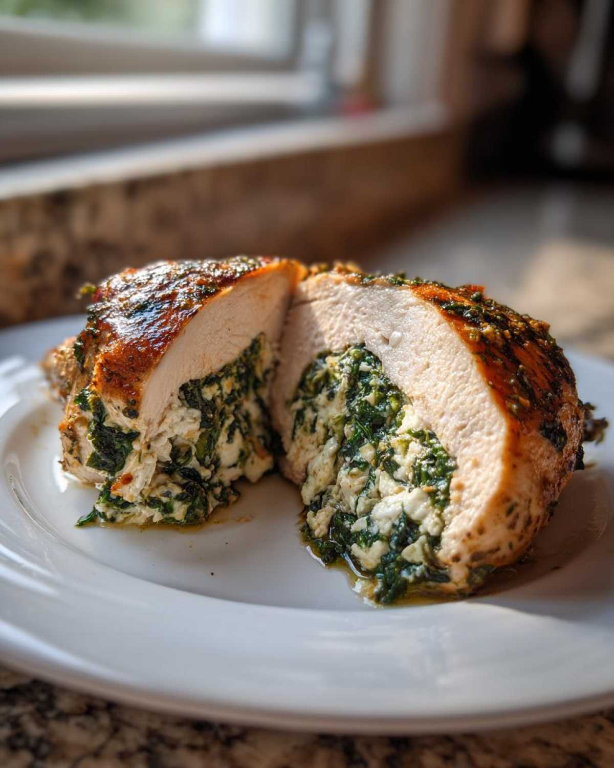 A perfectly cooked Savory Spinach and Feta Stuffed Chicken Breast cut in half, revealing the creamy green filling.