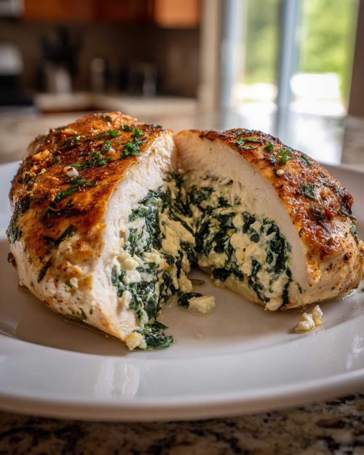 Close-up of a cooked Savory Spinach and Feta Stuffed Chicken Breast cut in half, showing the creamy filling.