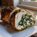 Cross-section of a golden-brown Savory Spinach and Feta Stuffed Chicken Breast showing the creamy green filling.