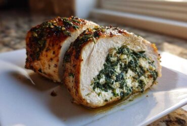 Cross-section of a golden-brown Savory Spinach and Feta Stuffed Chicken Breast showing the creamy green filling.