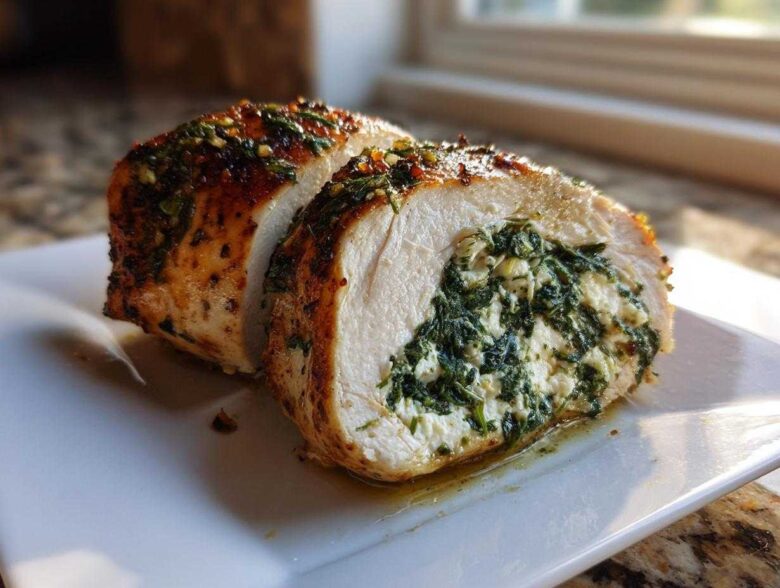 Cross-section of a golden-brown Savory Spinach and Feta Stuffed Chicken Breast showing the creamy green filling.
