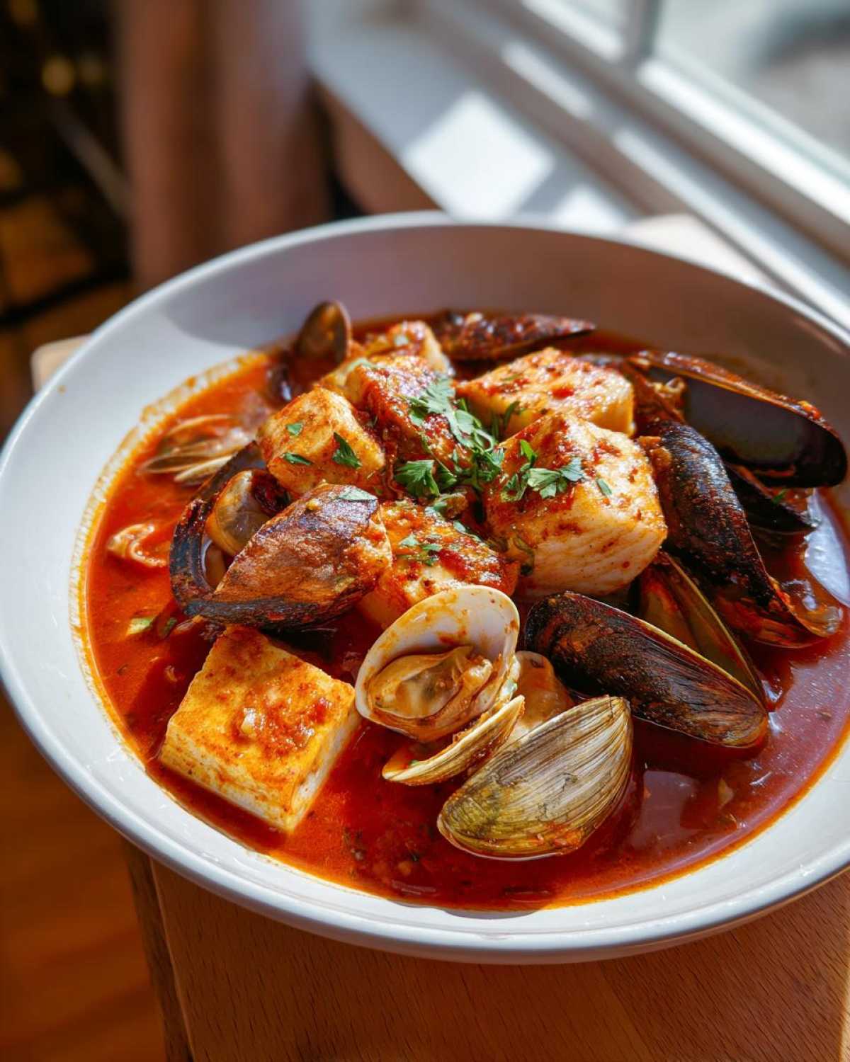 A close-up of a rich, red broth seafood Cioppino bowl filled with white fish chunks, mussels, and clams, garnished with parsley.
