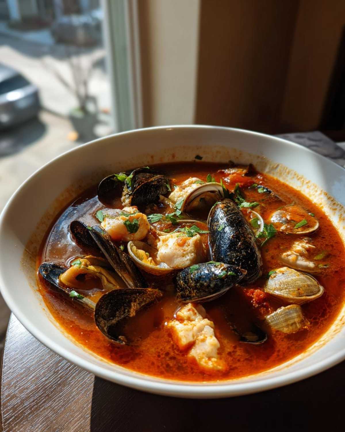 A close-up of a rich, red broth Cioppino filled with mussels, clams, and chunks of white fish, garnished with parsley.