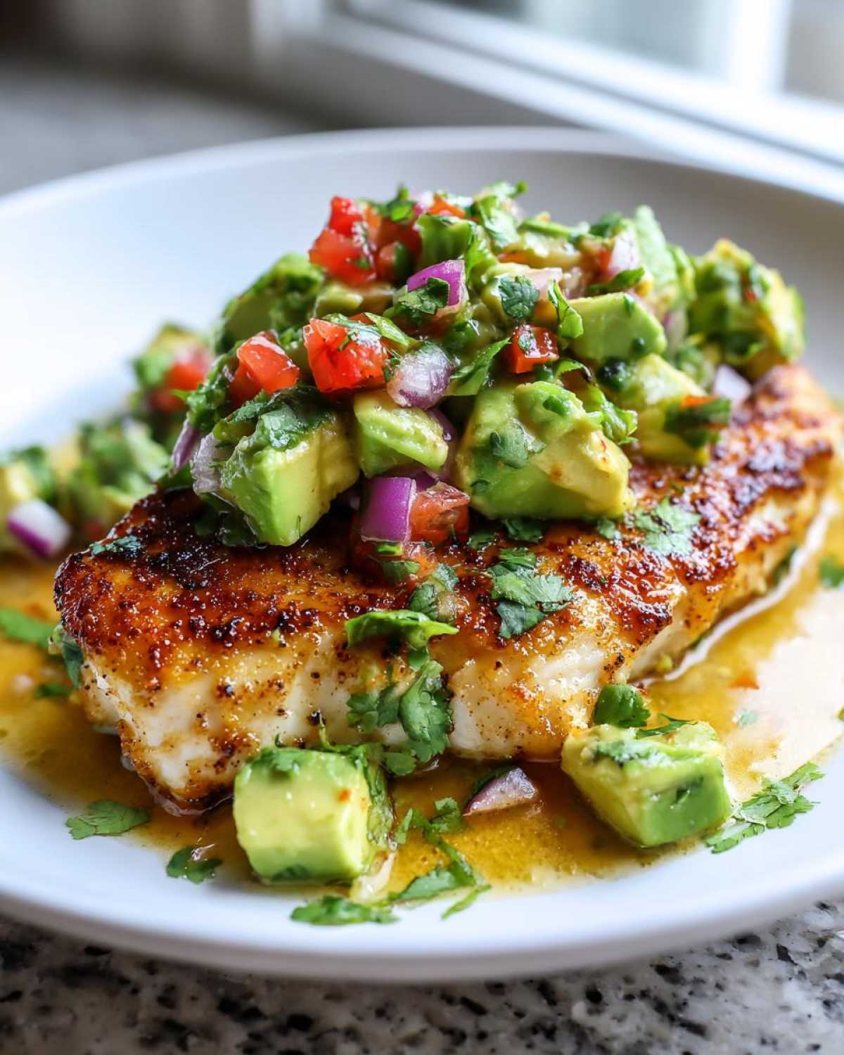 Close-up of seared chicken breast topped with fresh avocado salsa, part of the Honey Lime Chicken Avocado recipe.