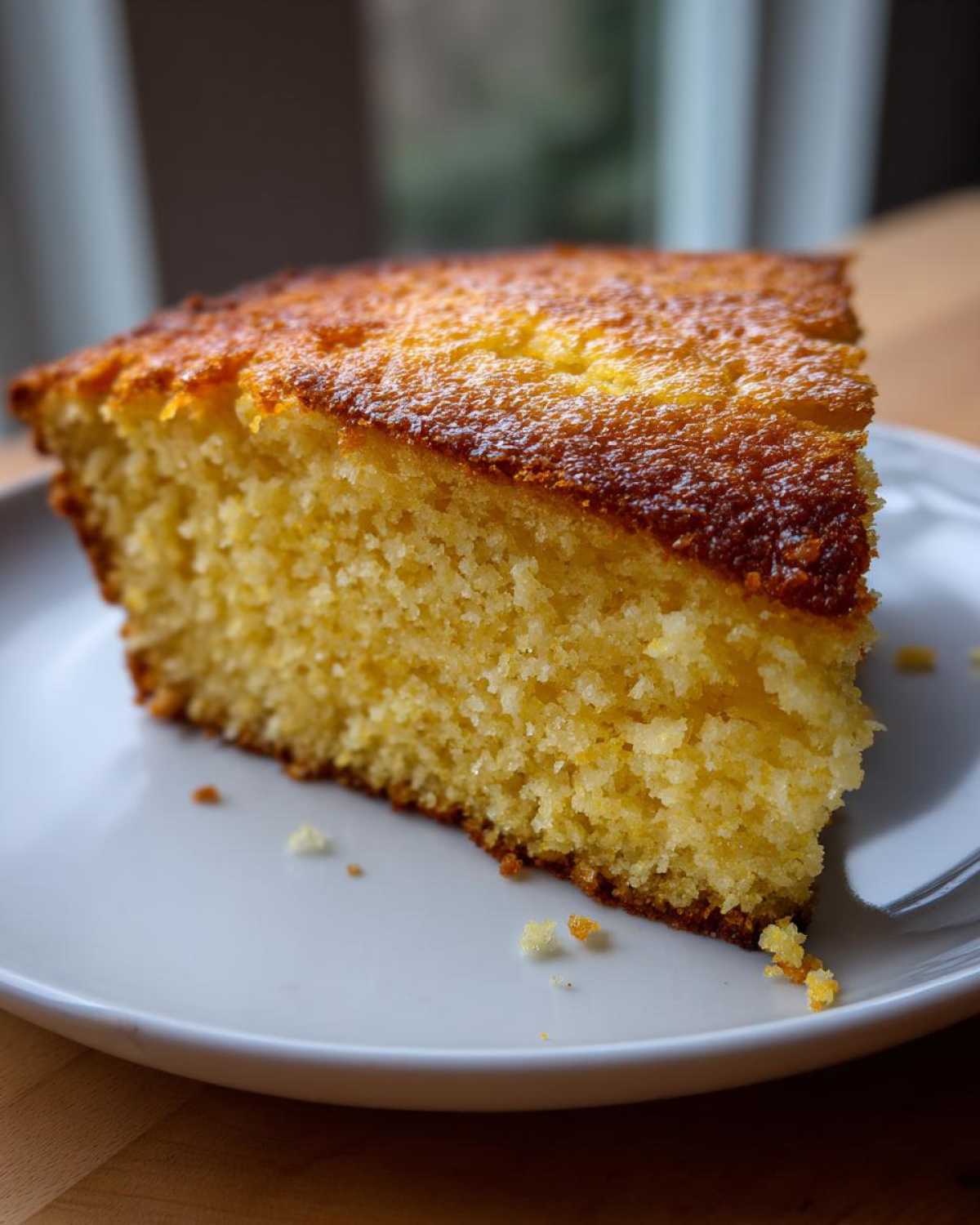 Close-up of a moist, golden slice of cornbread served on a white plate.
