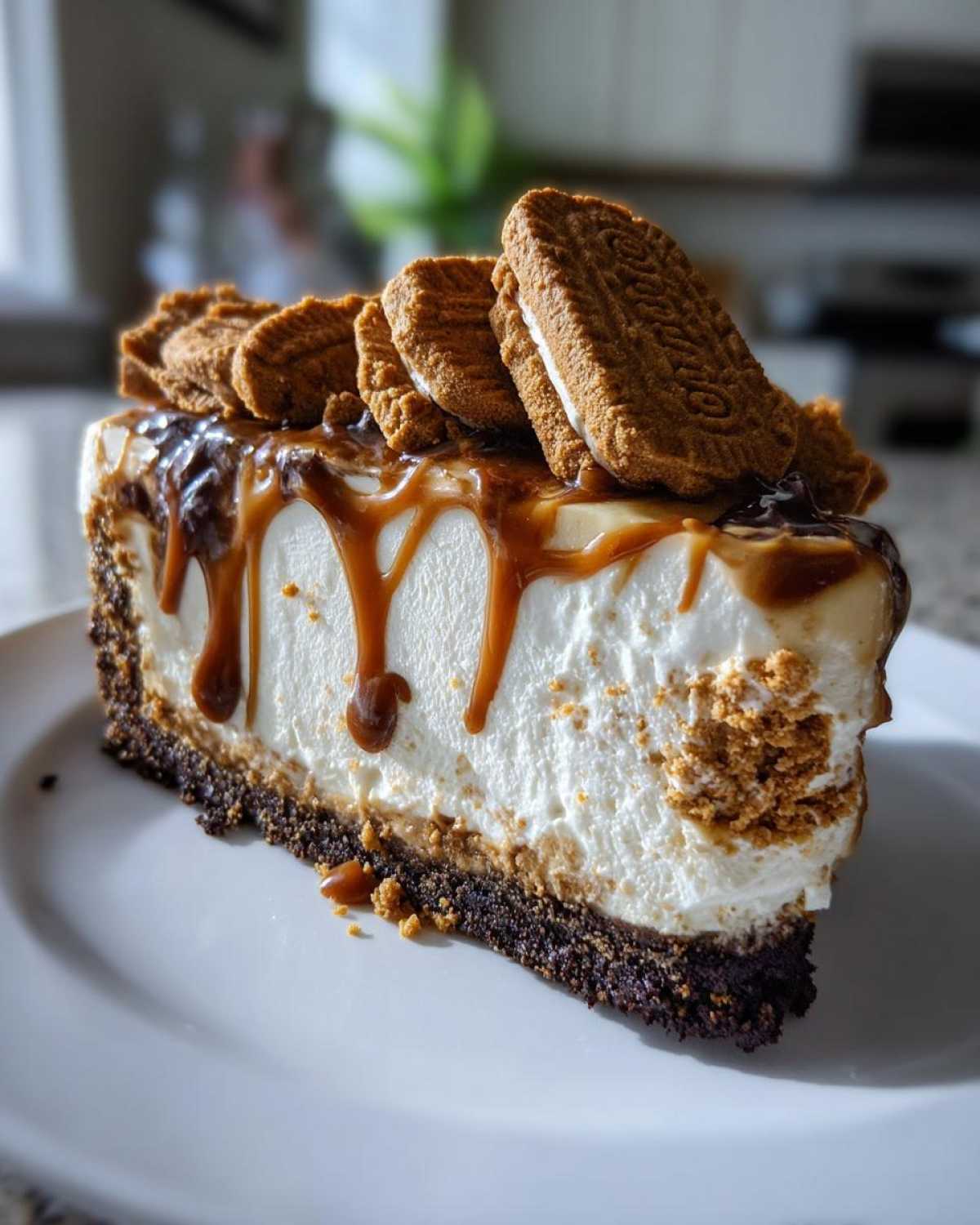 A perfect slice of Biscoff Cheesecake featuring a dark crust, creamy filling, caramel drizzle, and whole Biscoff cookies on top.