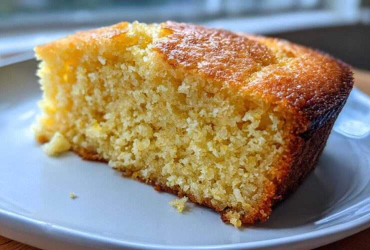 Close-up of a moist, golden slice of cornbread with a slightly browned crust, resting on a white plate.