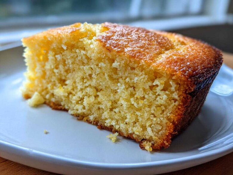 Close-up of a moist, golden slice of cornbread with a slightly browned crust, resting on a white plate.