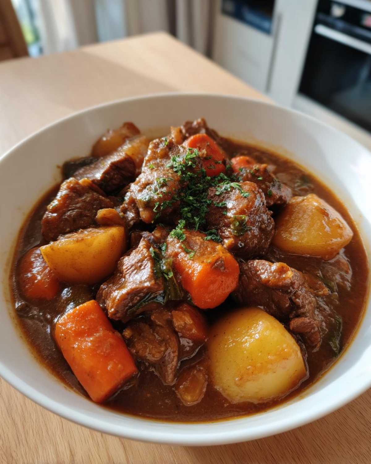 A close-up of a white bowl filled with rich Slow Cooker Beef Stew, featuring tender beef chunks, carrots, and potatoes, garnished with parsley.