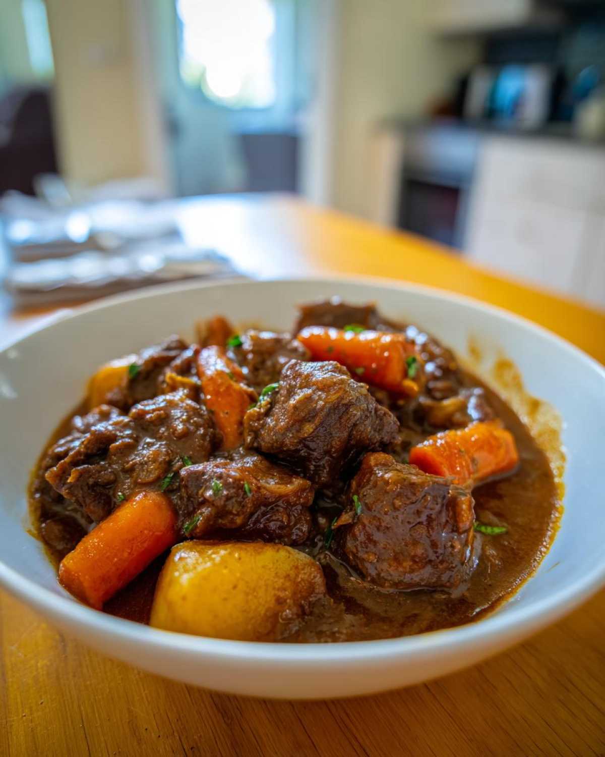 Close-up of tender Slow Cooker Beef Stew chunks with carrots and potatoes in a white bowl.