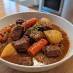 A close-up of a hearty bowl of Slow Cooker Beef Stew featuring tender beef chunks, carrots, and potatoes in rich gravy.