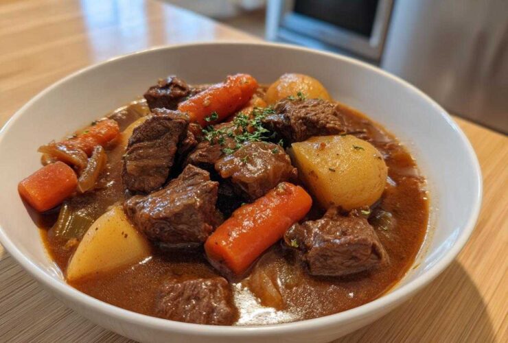 A close-up of a hearty bowl of Slow Cooker Beef Stew featuring tender beef chunks, carrots, and potatoes in rich gravy.