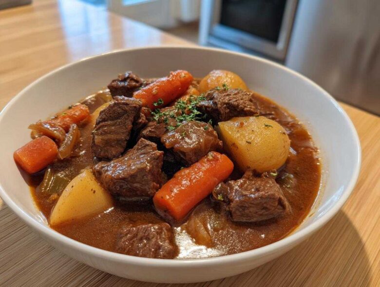 A close-up of a hearty bowl of Slow Cooker Beef Stew featuring tender beef chunks, carrots, and potatoes in rich gravy.