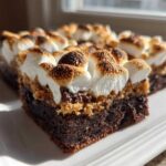 A close-up view of a rich, layered S’mores Brookies bar featuring a dark brownie base, graham cracker layer, and toasted marshmallows on top.